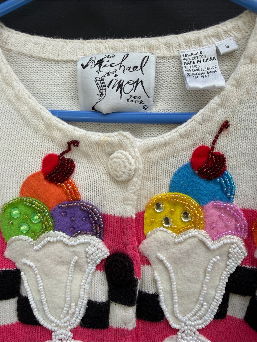 Vintage Michael Simon Hot Pink Ice Cream Appliqué Cardigan - Picture 9 of 12